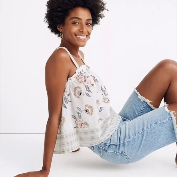 Madewell X Warm Honolulu Habiscus Flowers & Stripes Swingy Cropped Tank Top Sz M - Picture 1 of 13